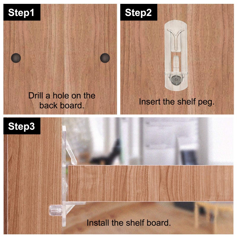 INCREWAY 30 Pack Shelf Support Peg, Clear Plastic Cabinet Pins, Self-Locking Bracket Clips for Supporting Furniture, Kitchen Bookcase, Closet, Fits 3/16" Diameter Hole & 13/16" Shelf - Image 4